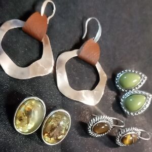 Silver and Brown Circle Link Earrings Greens, Browns All Neutral Tones Nwot